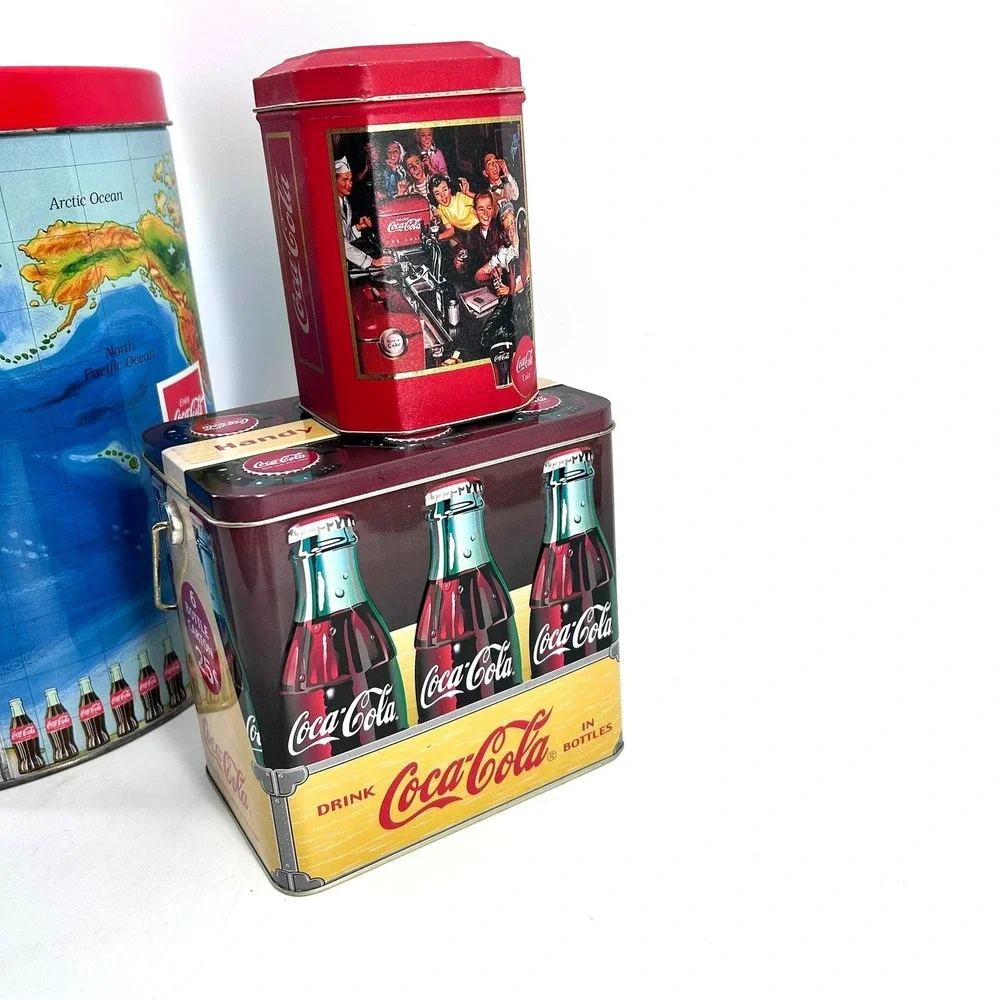 Vintage Coca-Cola Collectible Tin Lot World Map Carrier Tray Lunch Box 5pc Set